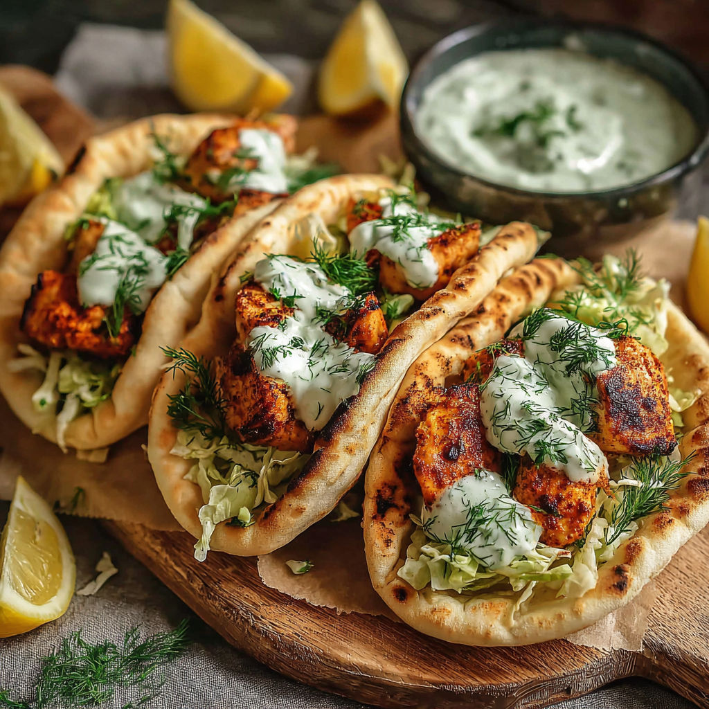 A wooden cutting board with a tray of chicken pita sandwiches.