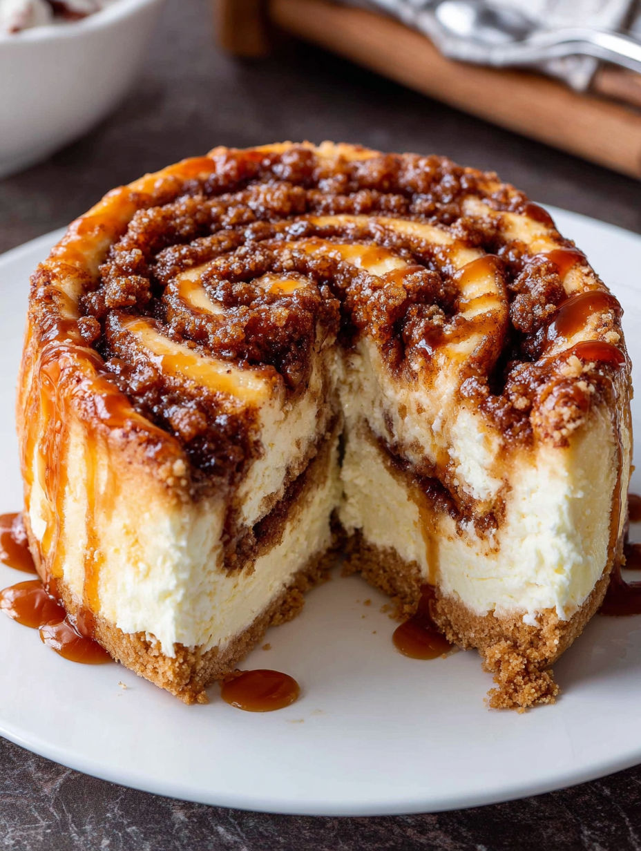 A slice of cake with a swirl of caramel on top.