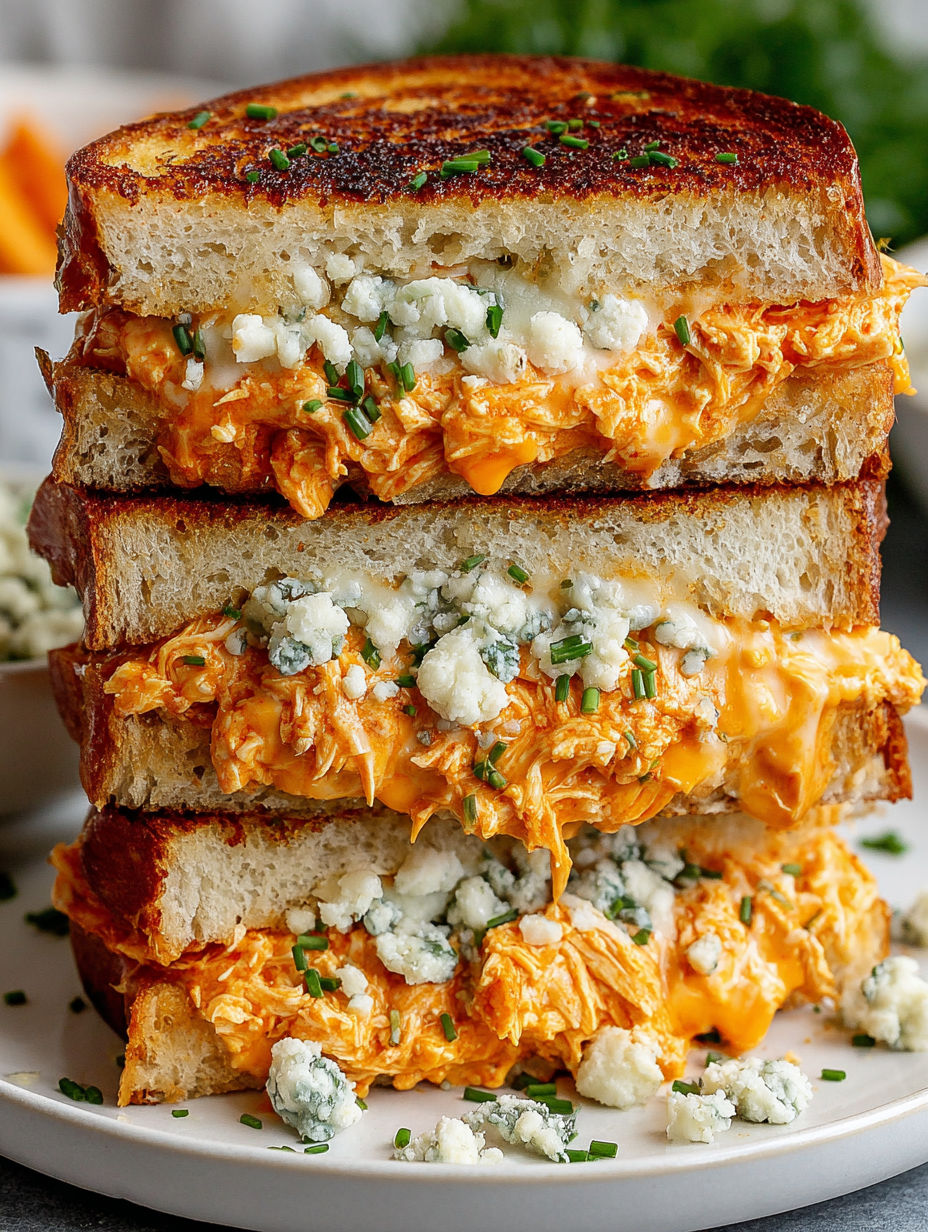 Three grilled cheese sandwiches with buffalo chicken.