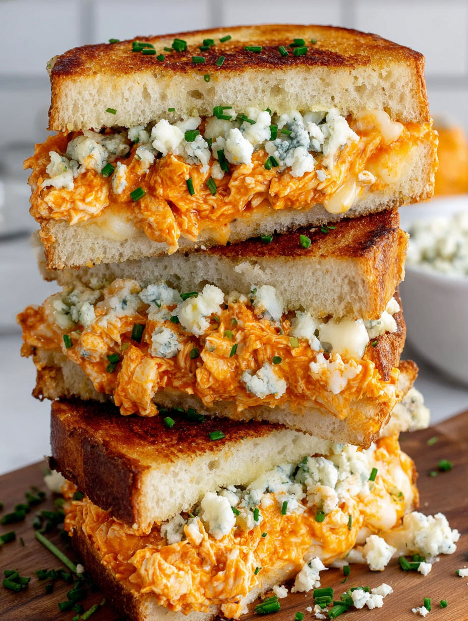 Three slices of grilled cheese sandwich with buffalo chicken.