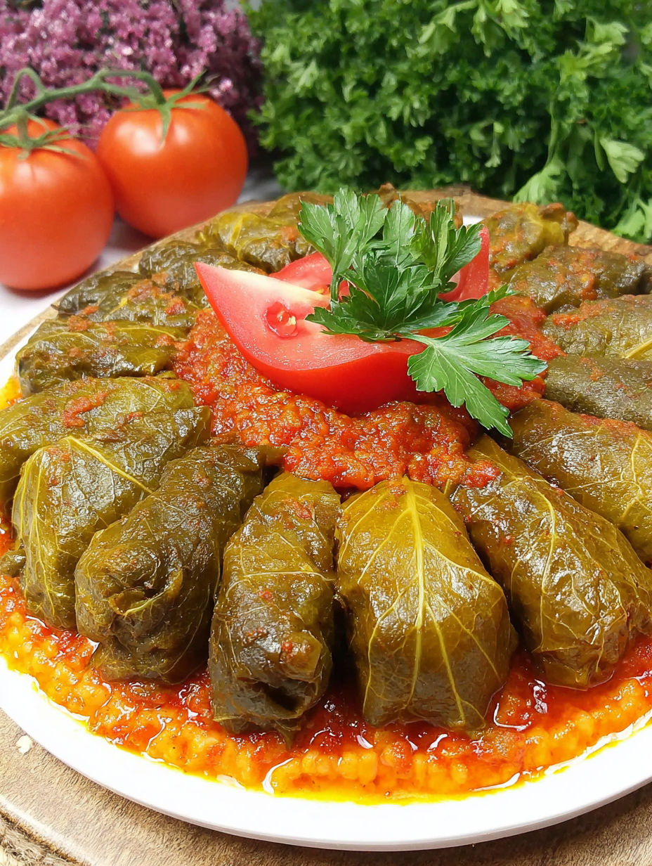 A plate of food with a tomato and a green vegetable on top.