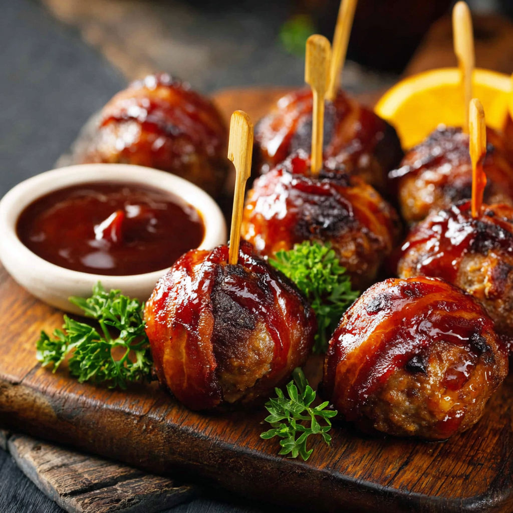 Bacon wrapped meatballs with a dipping sauce.