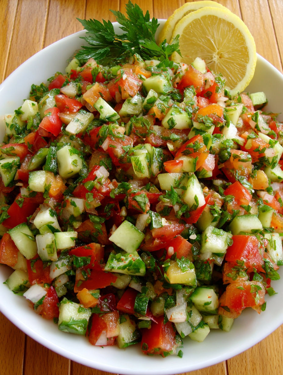 A bowl of salad with tomatoes, cucumbers, and lemon.