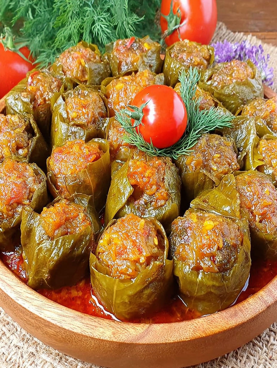 A bowl of food with a tomato and a green pepper.