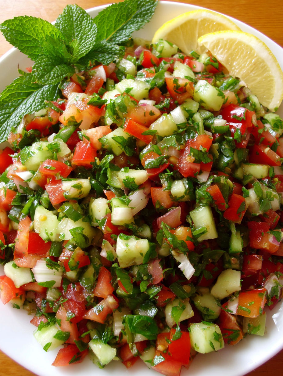 A bowl of salad with tomatoes, cucumbers, and parsley.