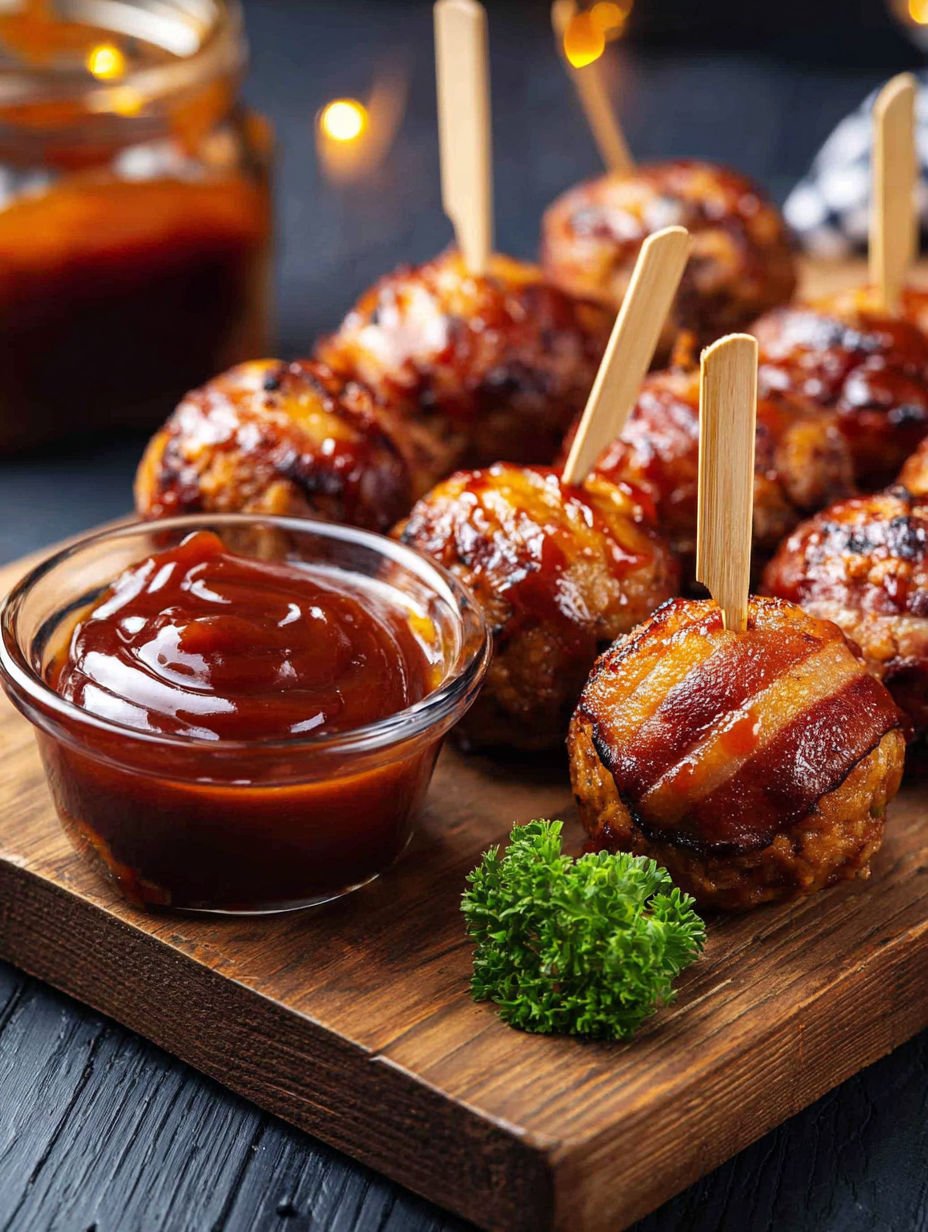 A plate of moink balls with a dipping sauce.