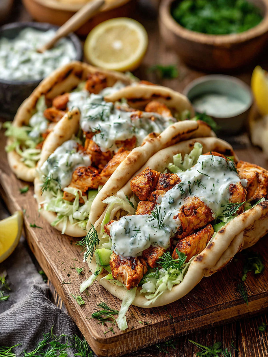 Two chicken tacos with sauce and lemon wedges.