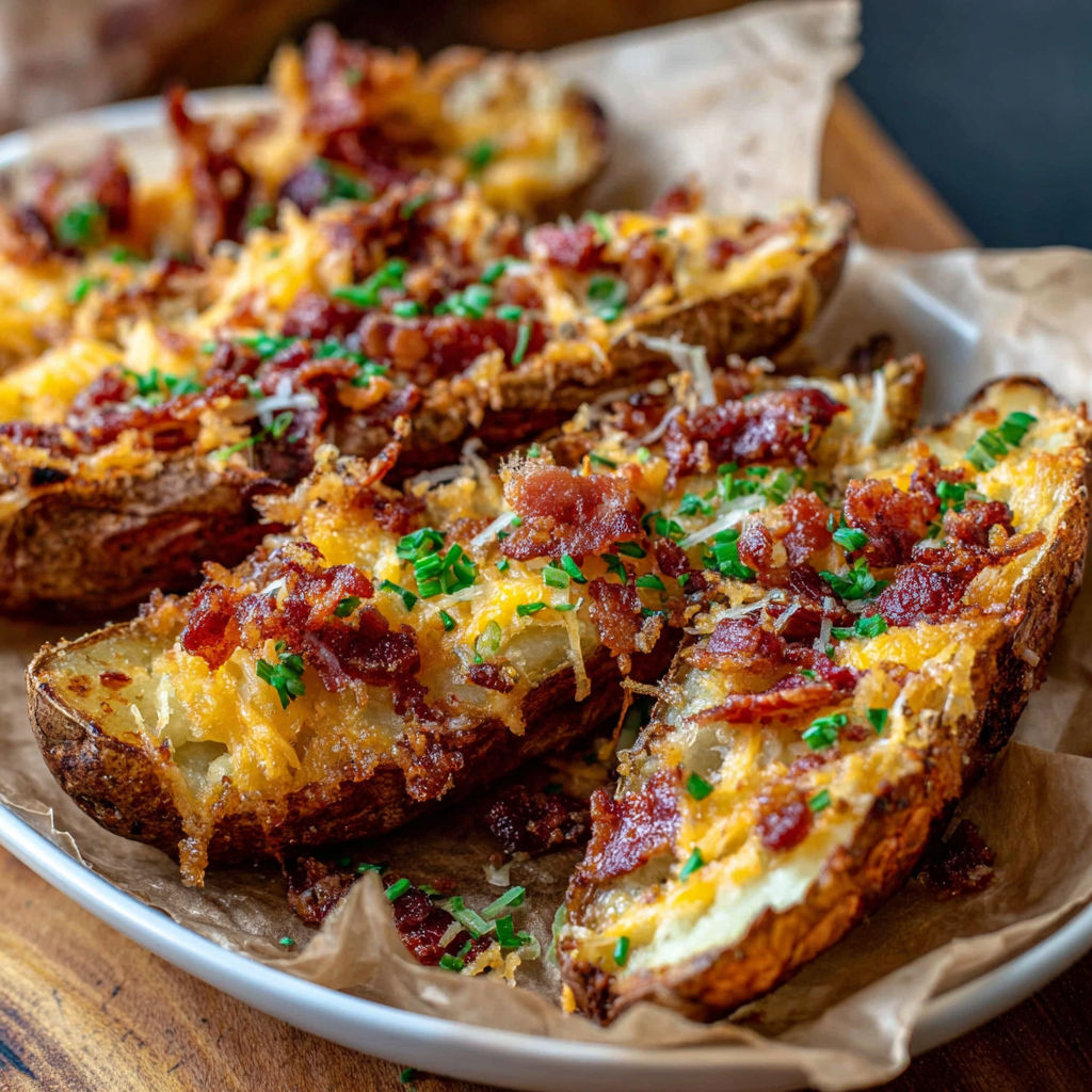 A plate of bacon and cheese potato wedges.