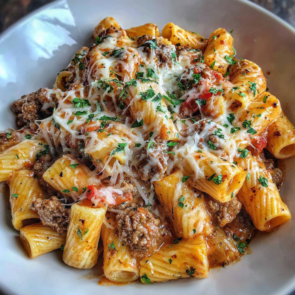 A plate of pasta with meat and cheese.