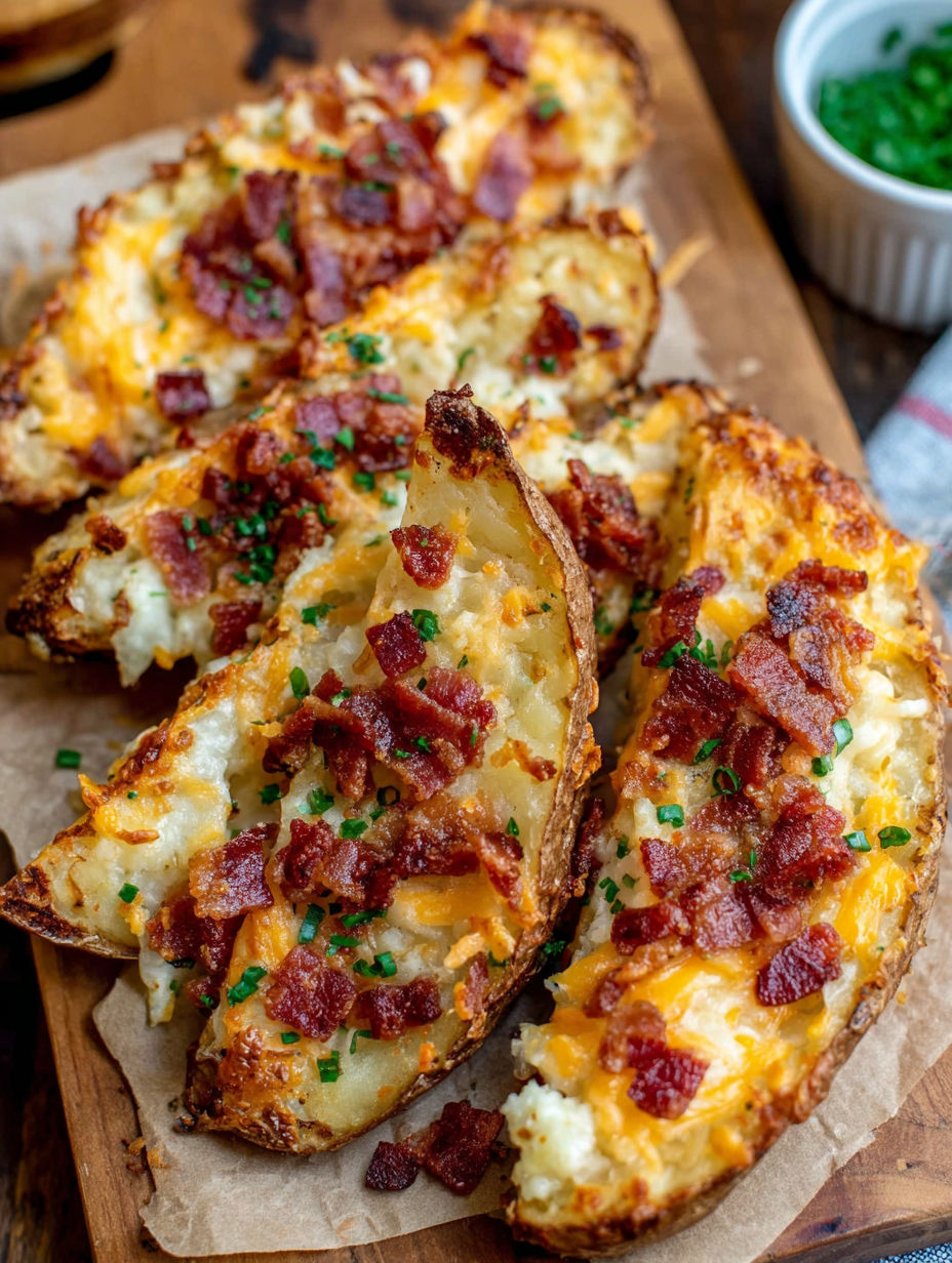 A close up of a baked potato with bacon and cheese.