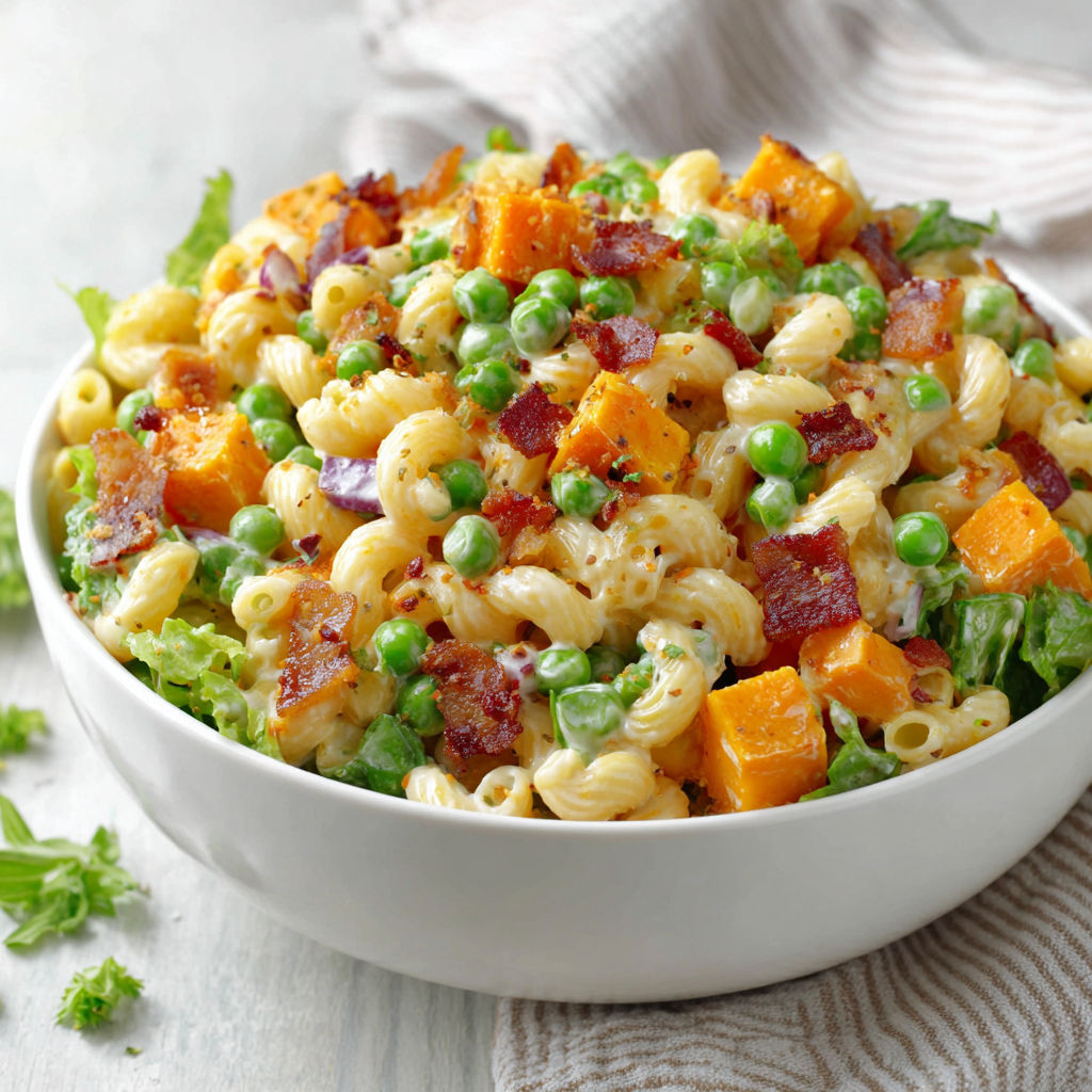 A bowl of pasta salad with peas and bacon.