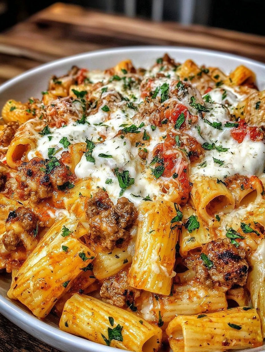 A bowl of pasta with meat and cheese.