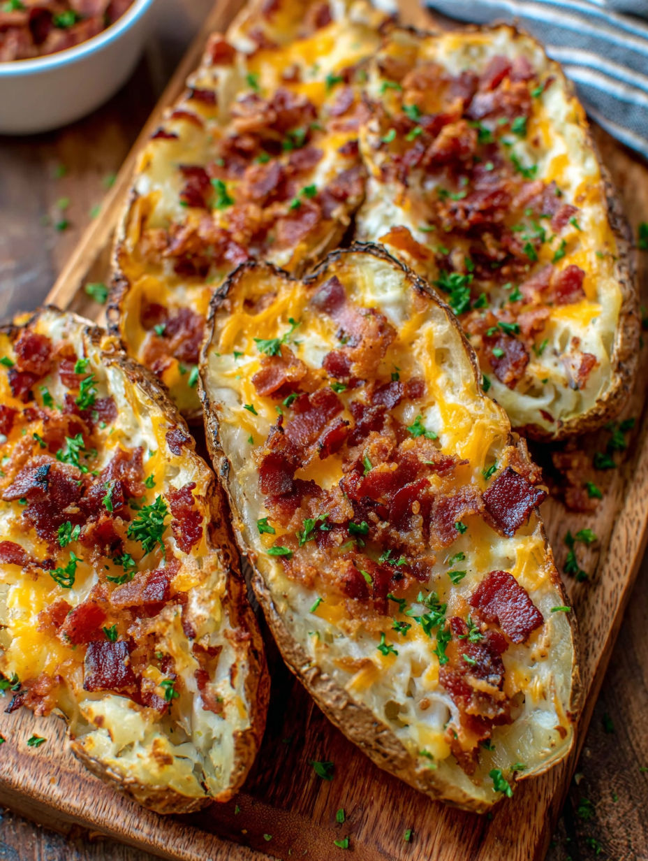 Bacon wrapped potatoes on a wooden cutting board.