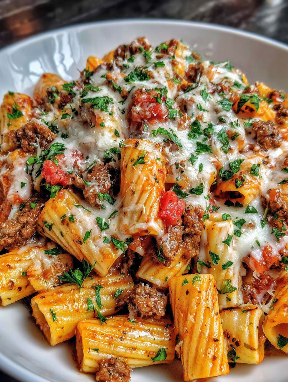 A plate of pasta with meat and cheese on top.
