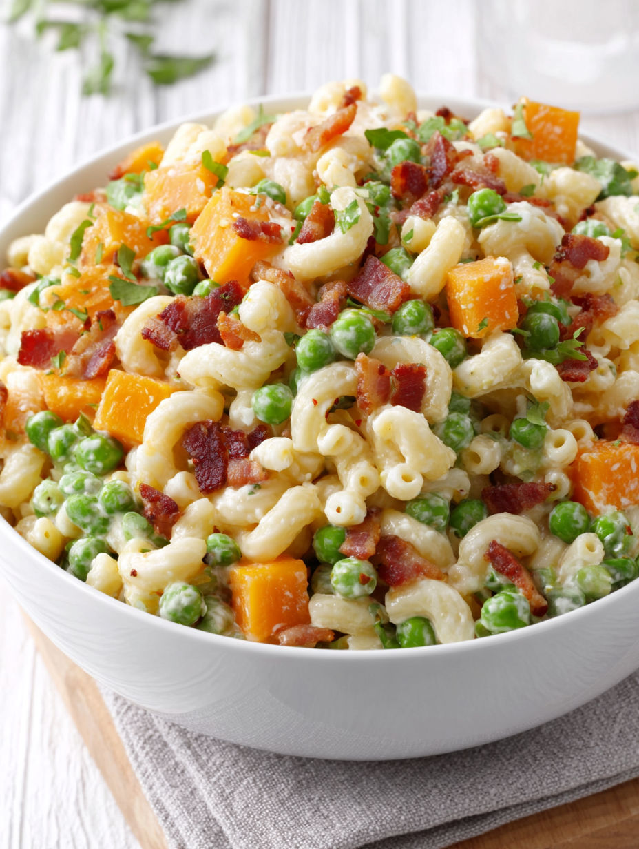 A bowl of macaroni and cheese with bacon.