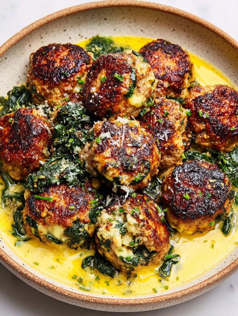 A plate of meatballs covered in spinach and garlic.