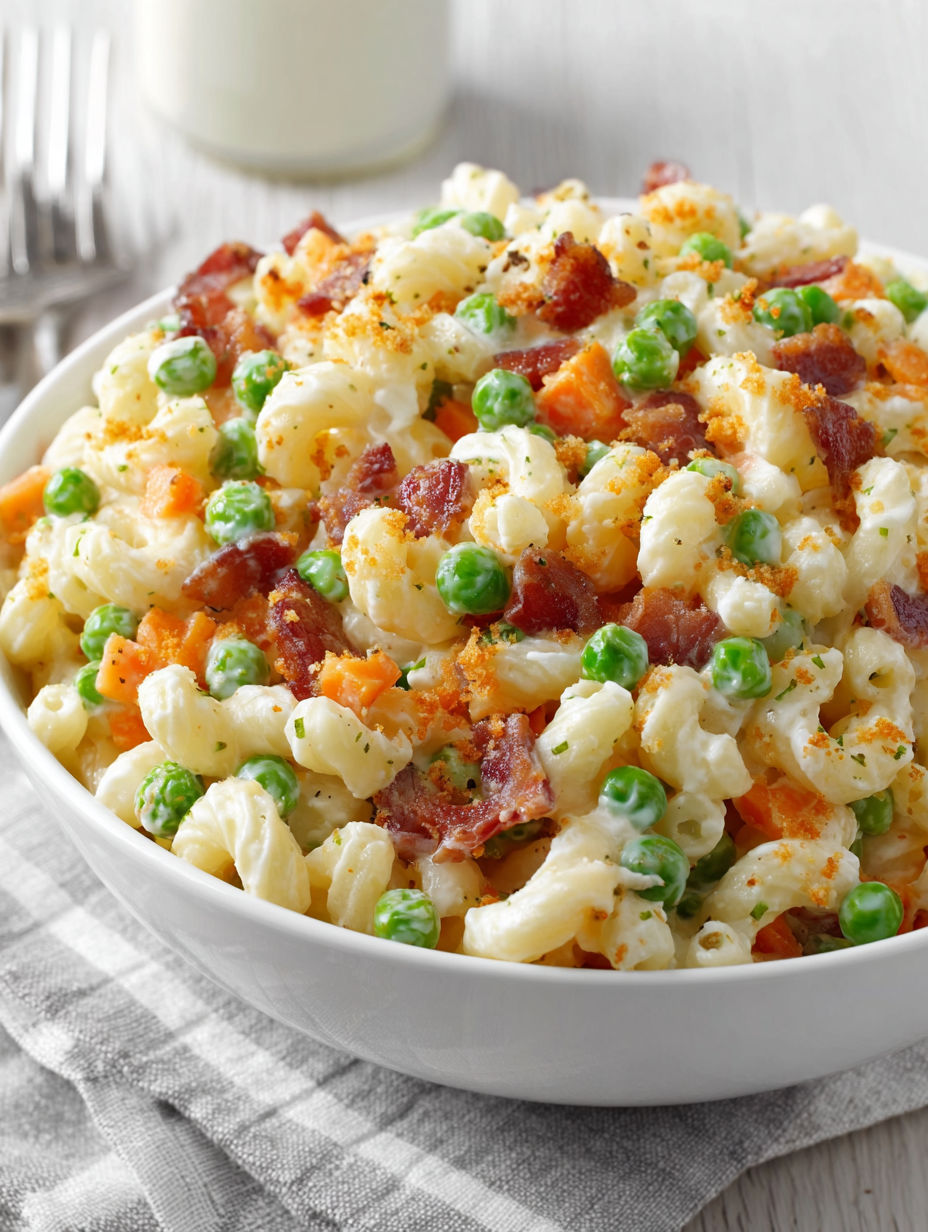 A bowl of macaroni and cheese with peas.