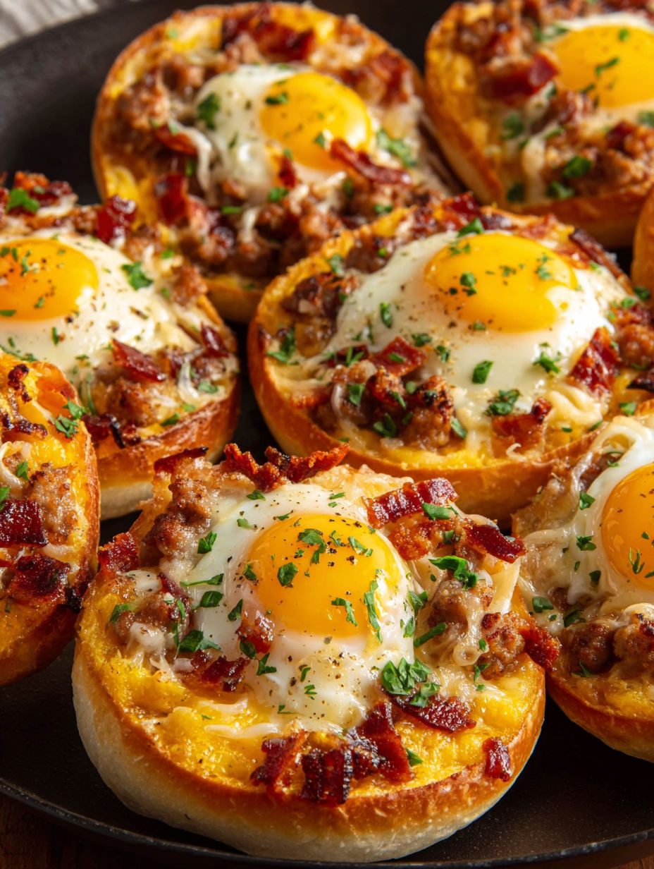 English muffin breakfast pizza with eggs, bacon, and cheese.