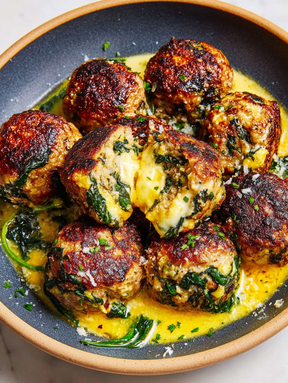 A plate of meatballs covered in spinach and garlic.