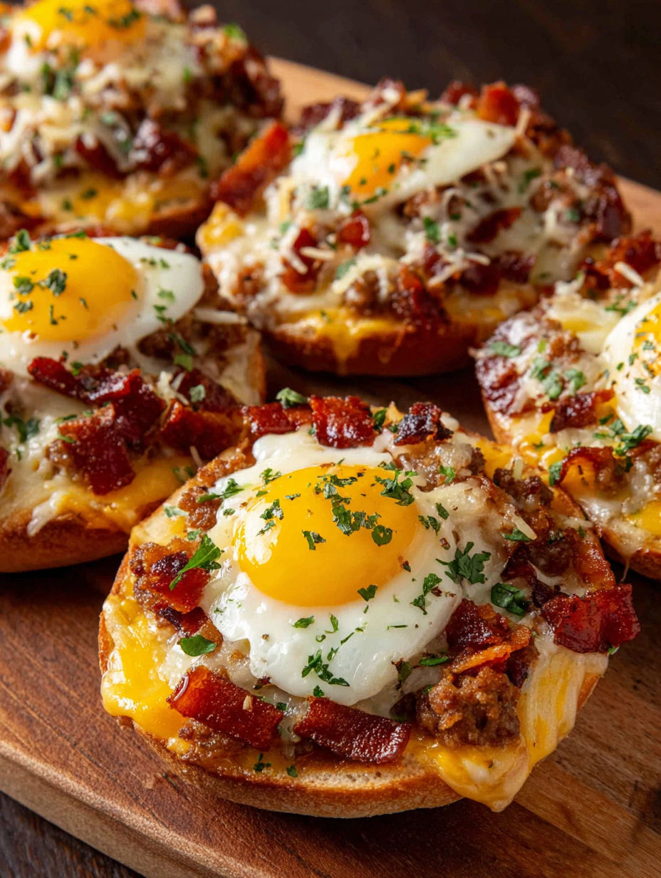 A breakfast pizza with eggs and bacon.