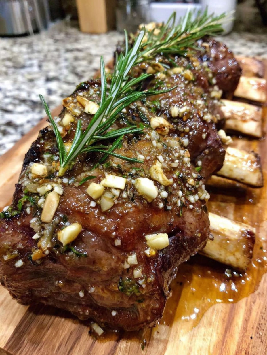 A roast with a sprig of rosemary on top.