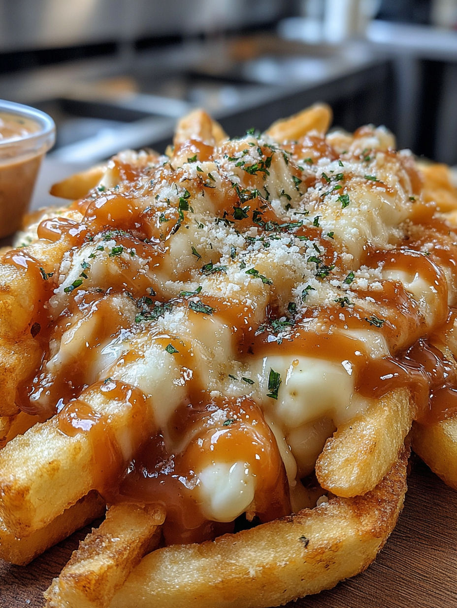A delicious cheese and gravy covered french fry.