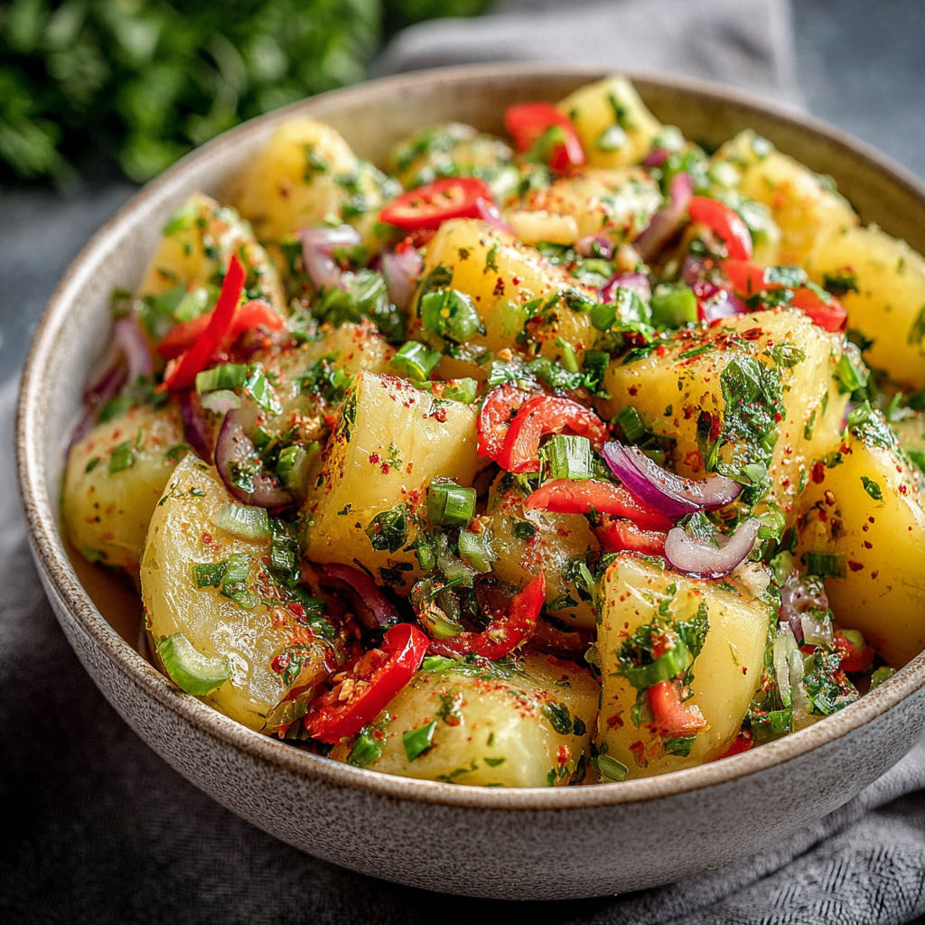 A bowl of potato salad with red peppers and green onions.
