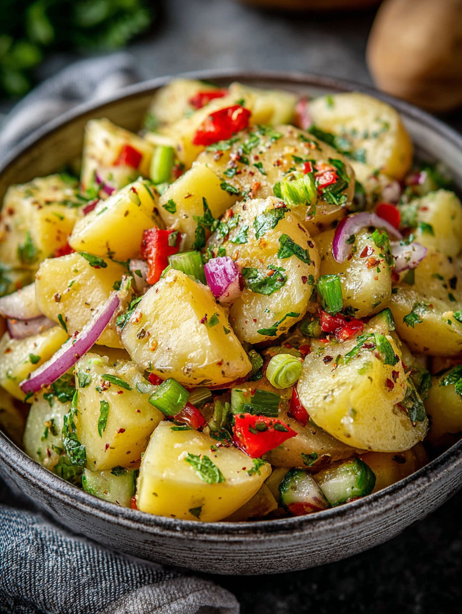 A bowl of potatoes with red peppers and green onions.