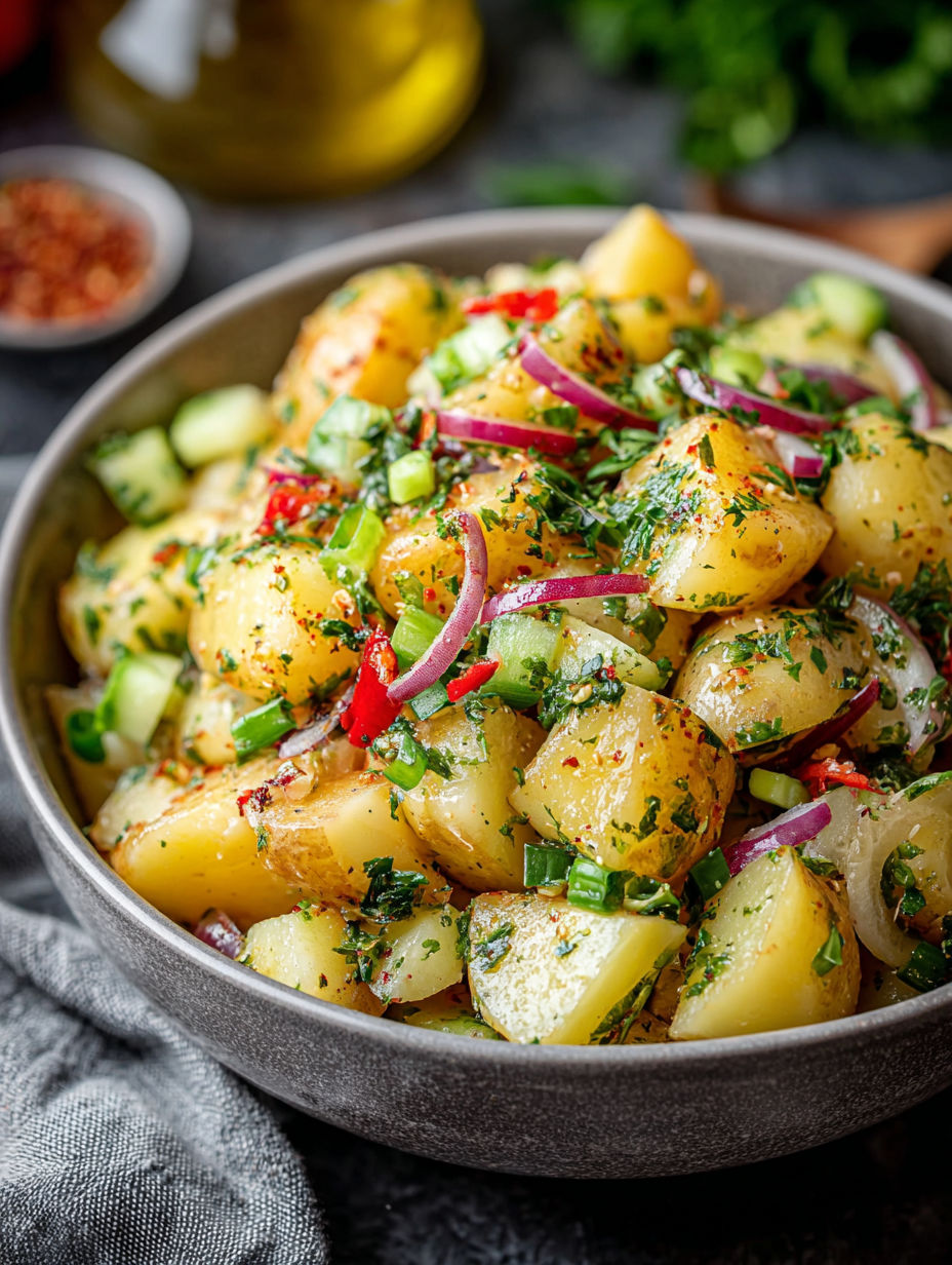 A bowl of potatoes with onions and spices.