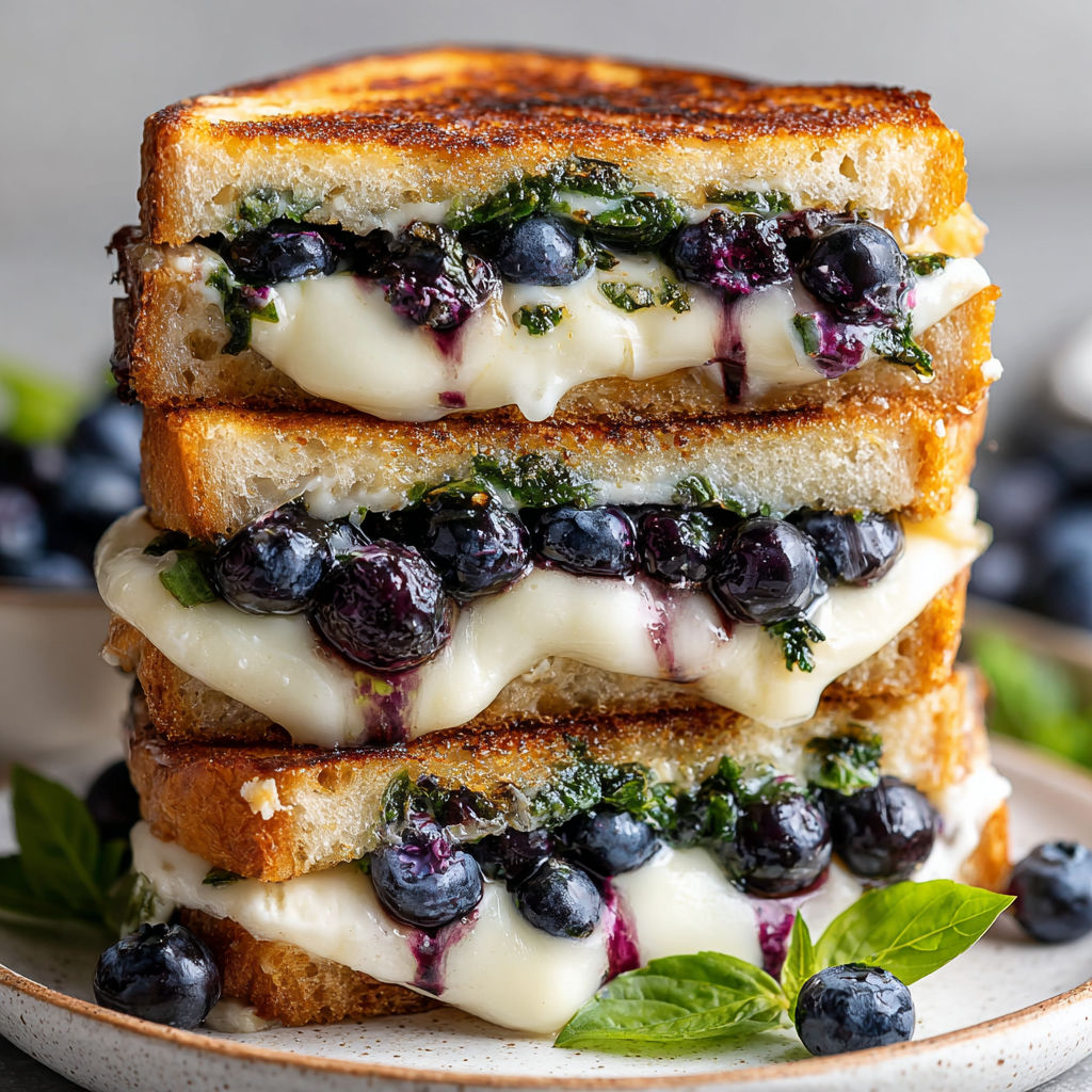 Three stacked grilled cheese sandwiches with blueberries.