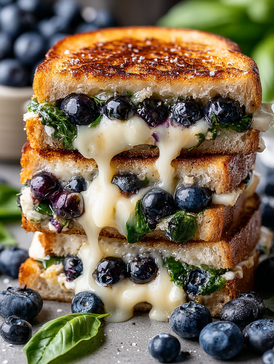 A stack of grilled cheese sandwiches with blueberries on top.