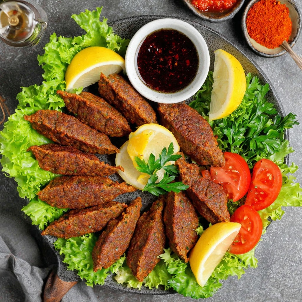 A plate of Cig Kofte with sauce and lemon wedges.