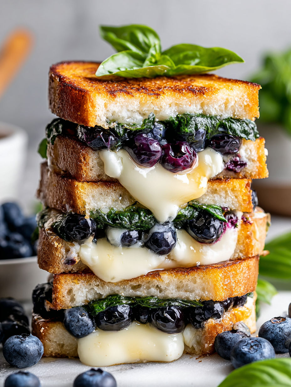 A stack of sandwiches with blueberries and cheese.