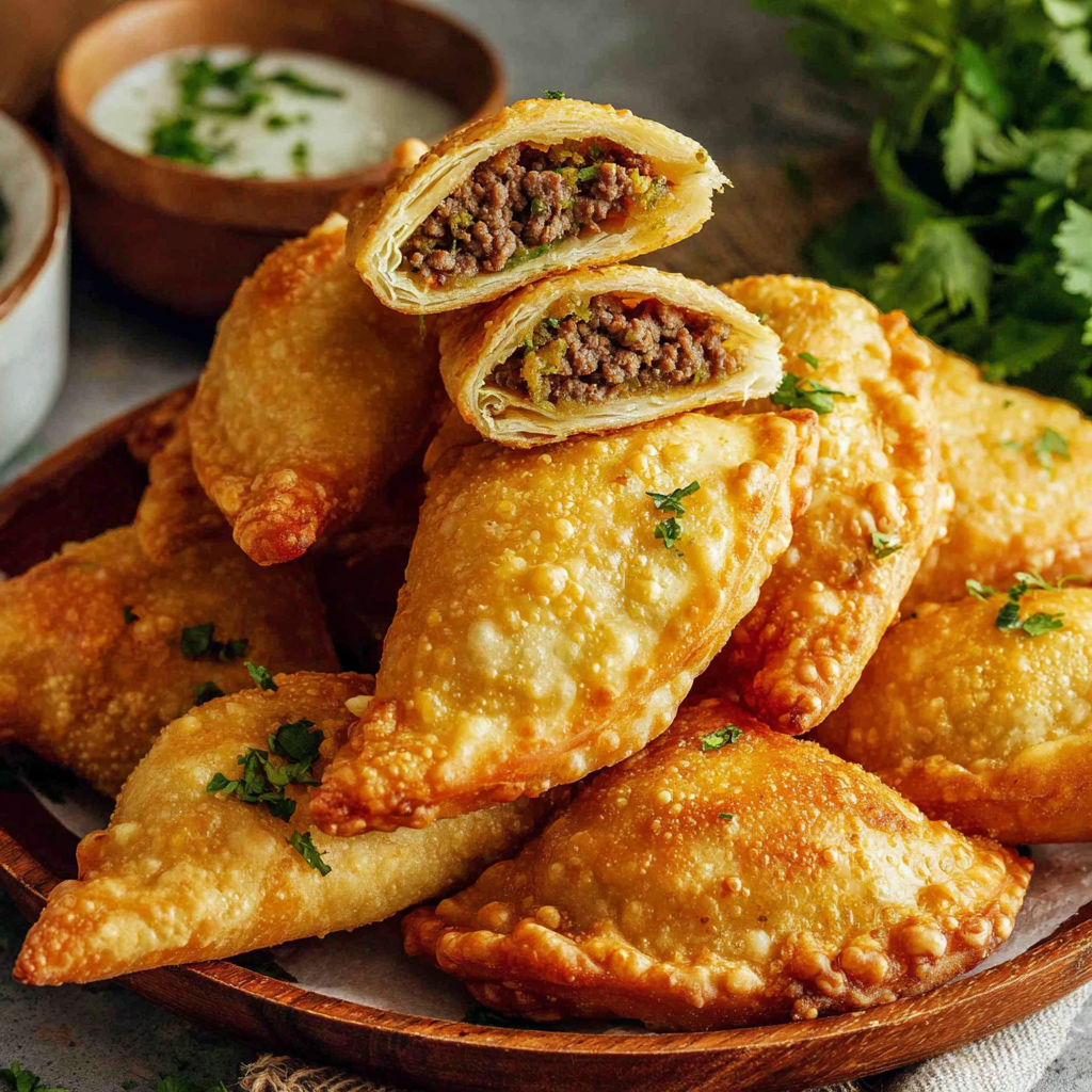 A plate of meat samosas.
