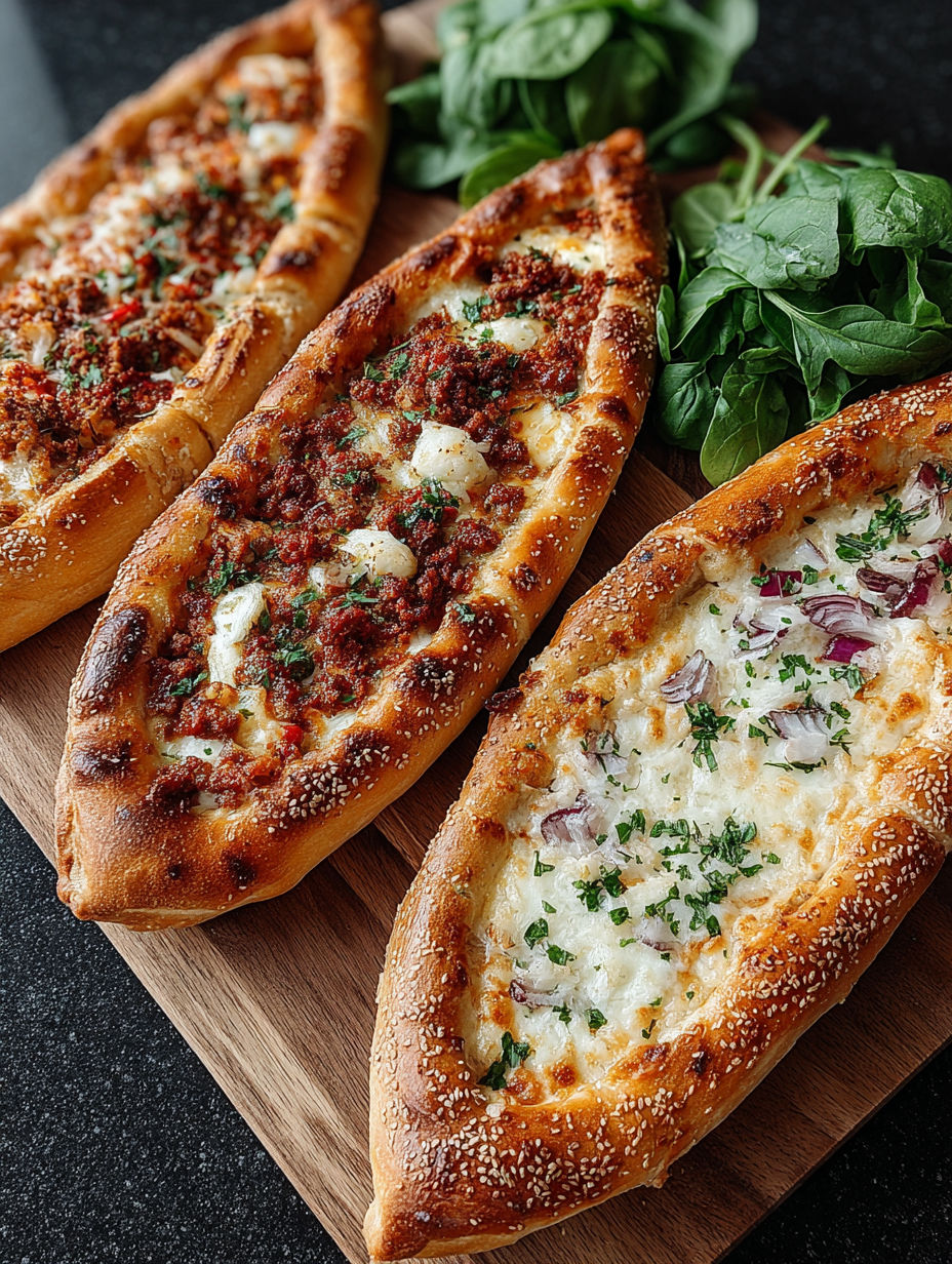 Three different types of pizza on a wooden table.
