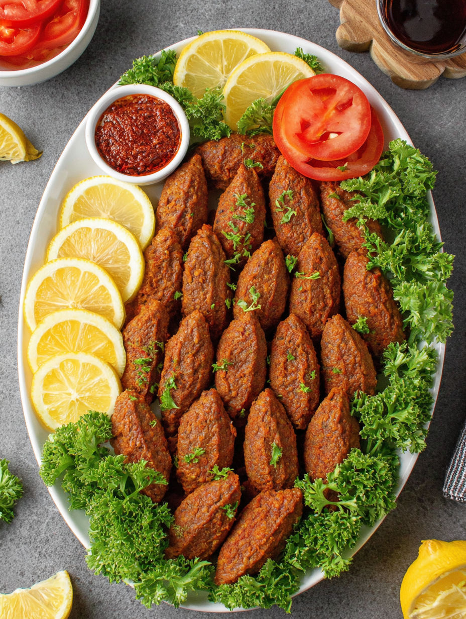 A plate of Cig Kofte with lemon wedges and a bowl of sauce.