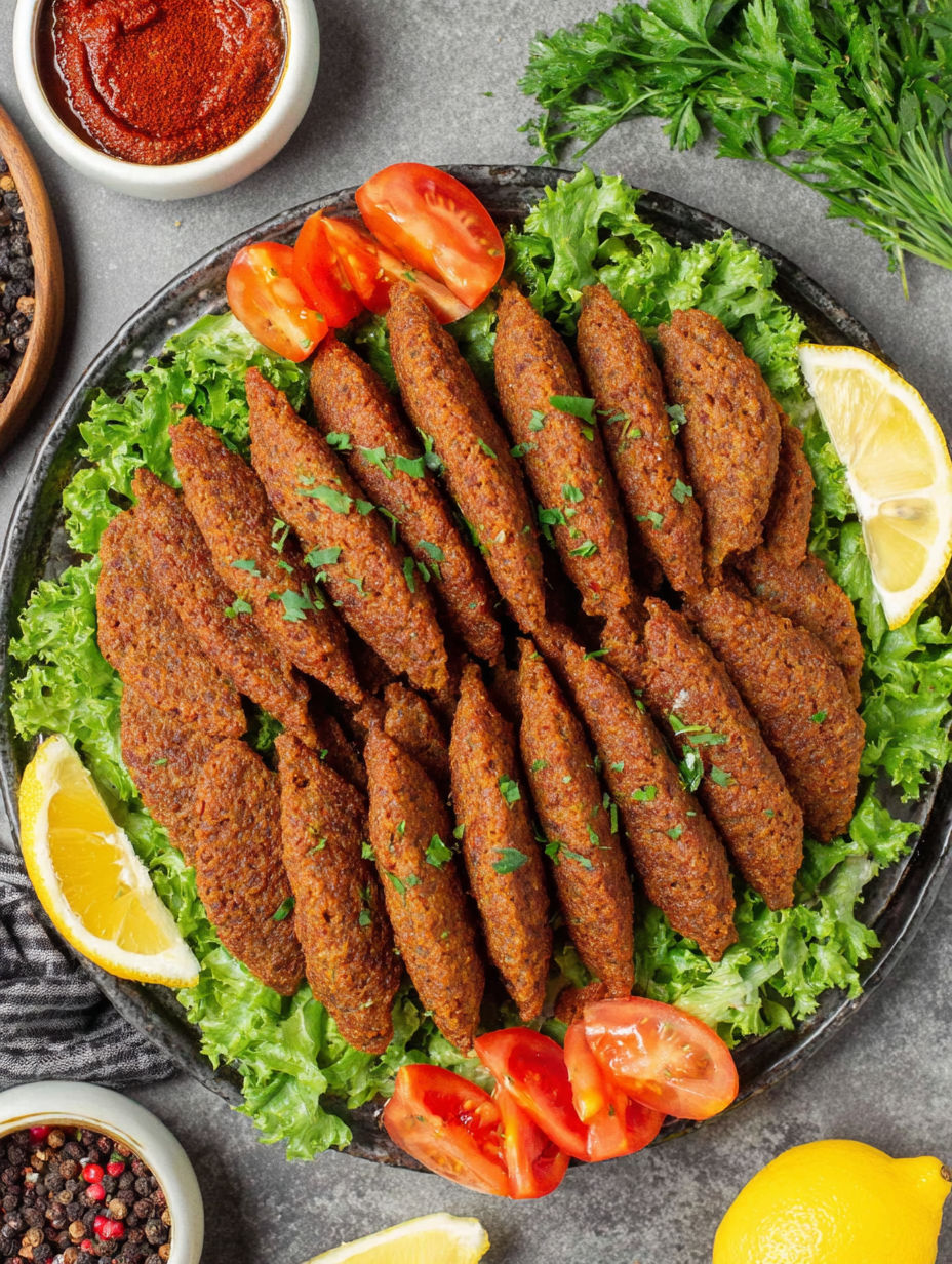 A plate of Cig Kofte with tomatoes and lettuce.