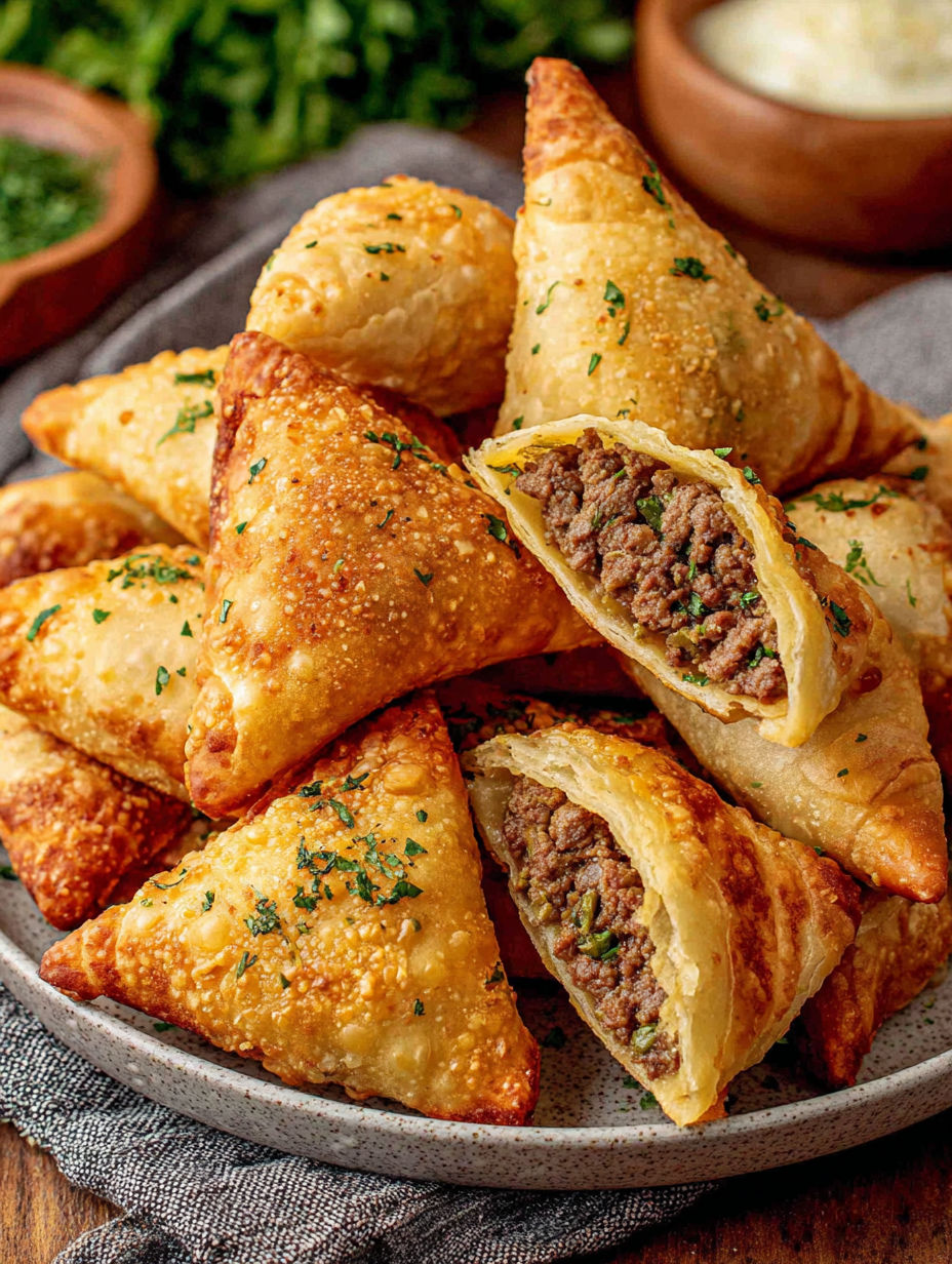 A plate of meat and cheese filled pastries.
