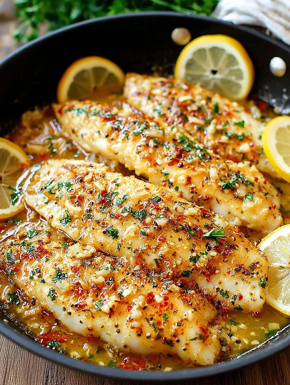 A bowl of fish with lemon slices on top.