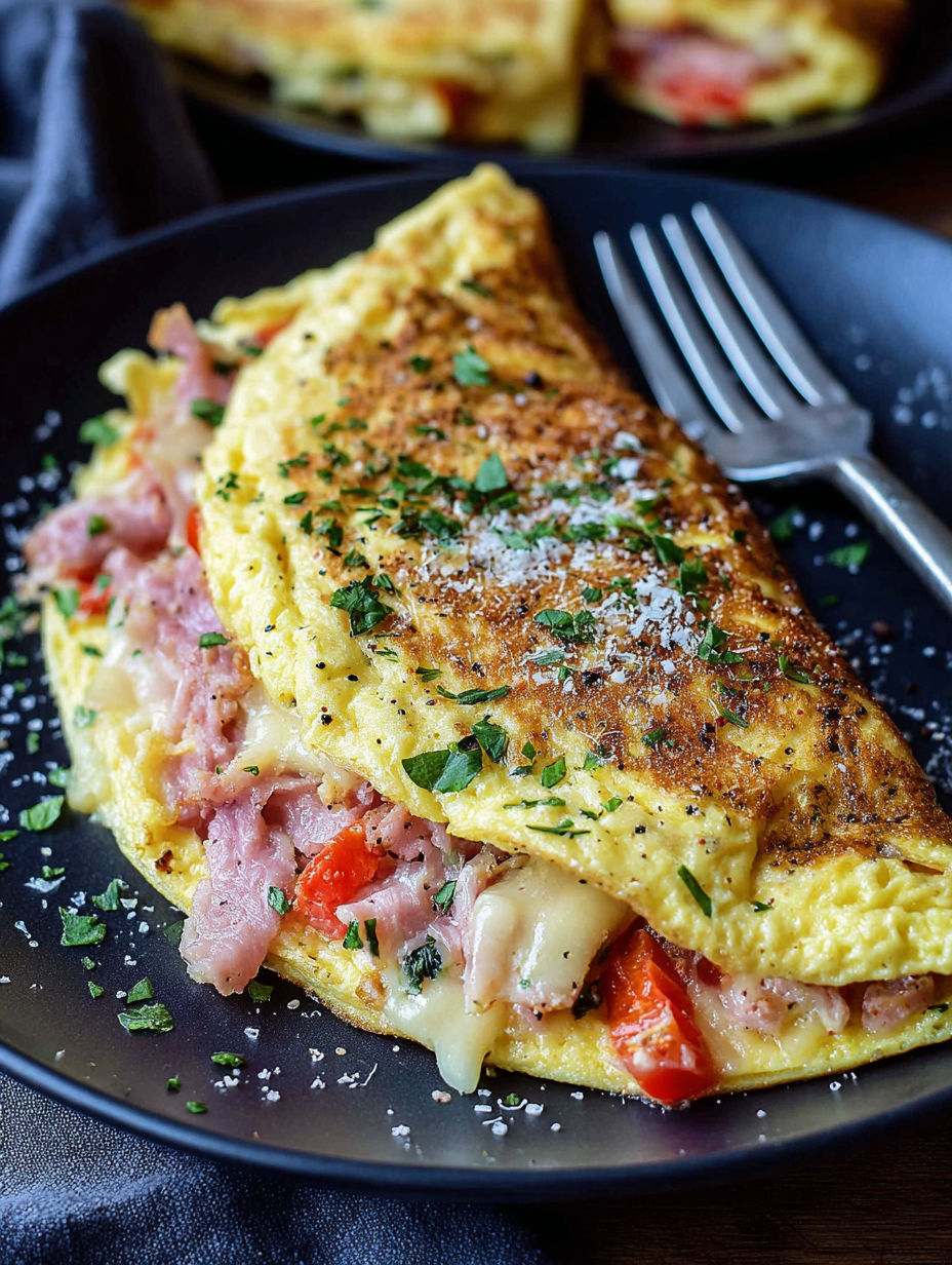 A delicious low carb omelette with ham and cheese.
