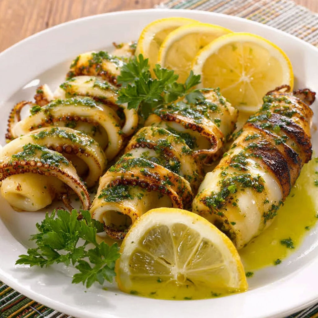 A plate of calamari with lemon and parsley.
