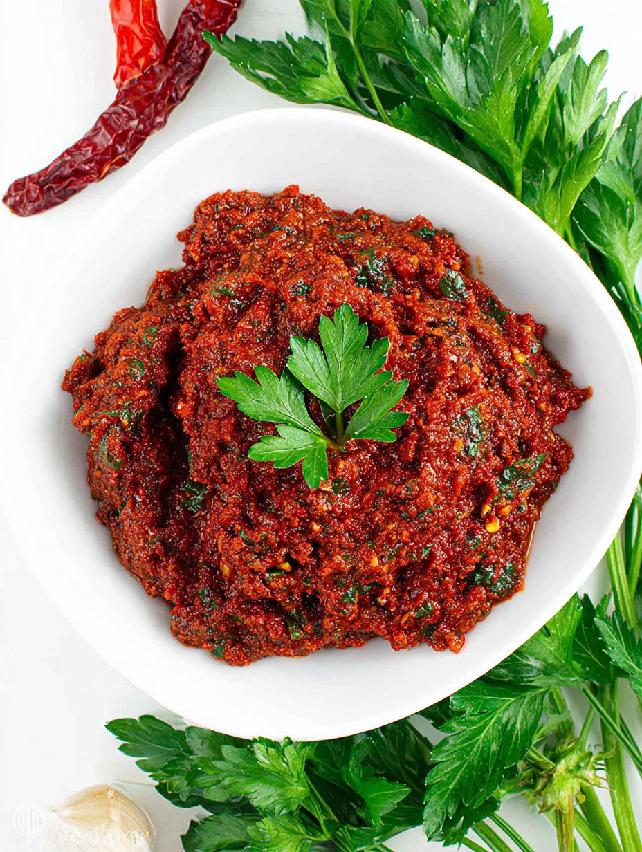 A bowl of red sauce with a green leaf on top.