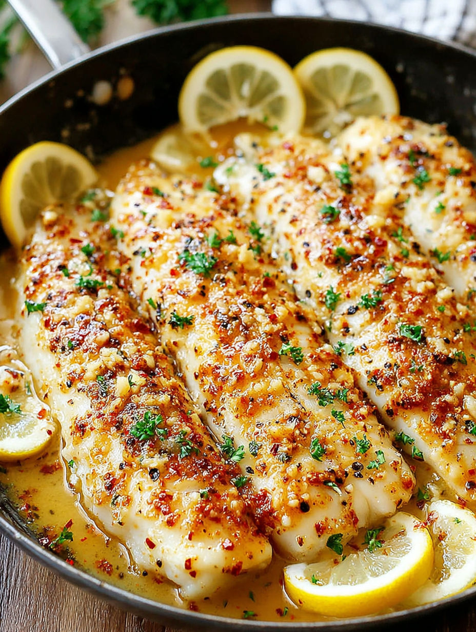 A bowl of fish with lemon wedges on top.