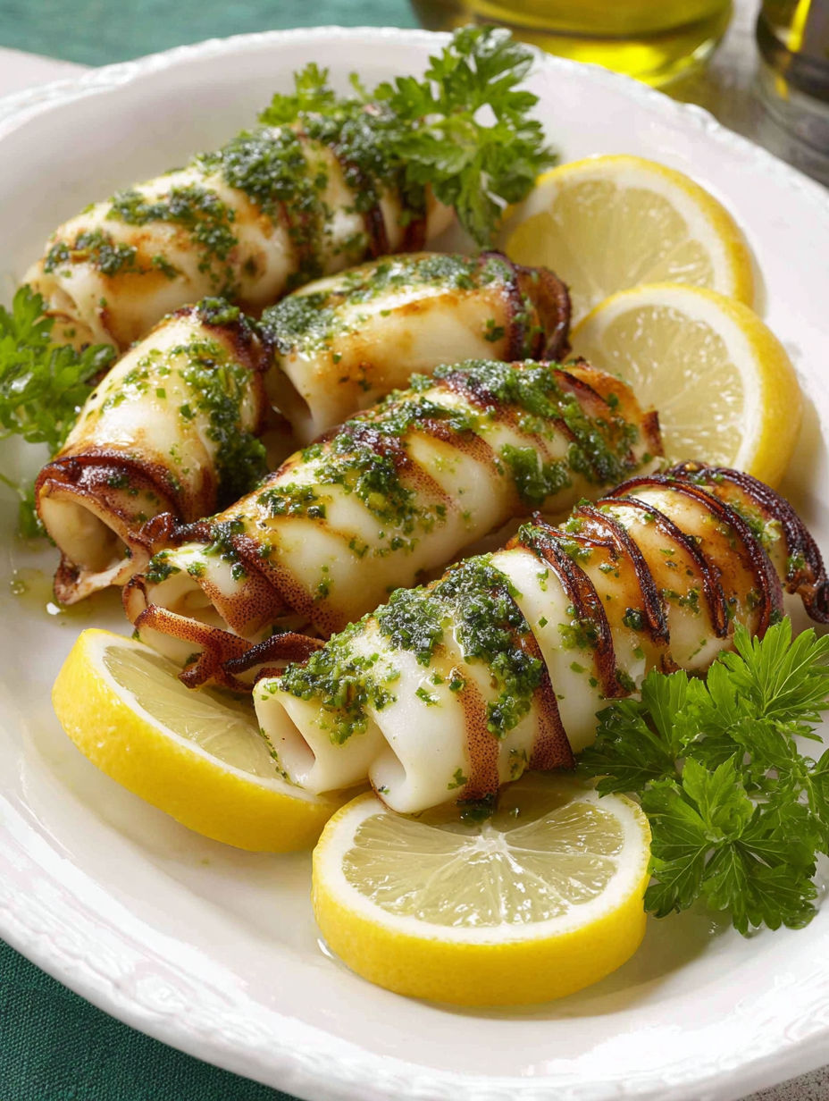 A plate of food with lemon wedges and seafood.