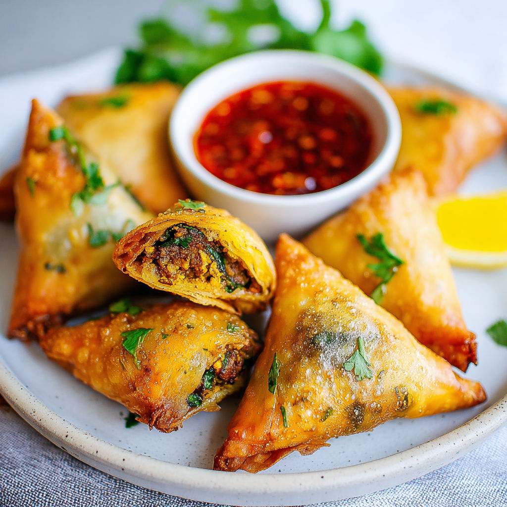 A plate of chicken samosas with a bowl of sauce.
