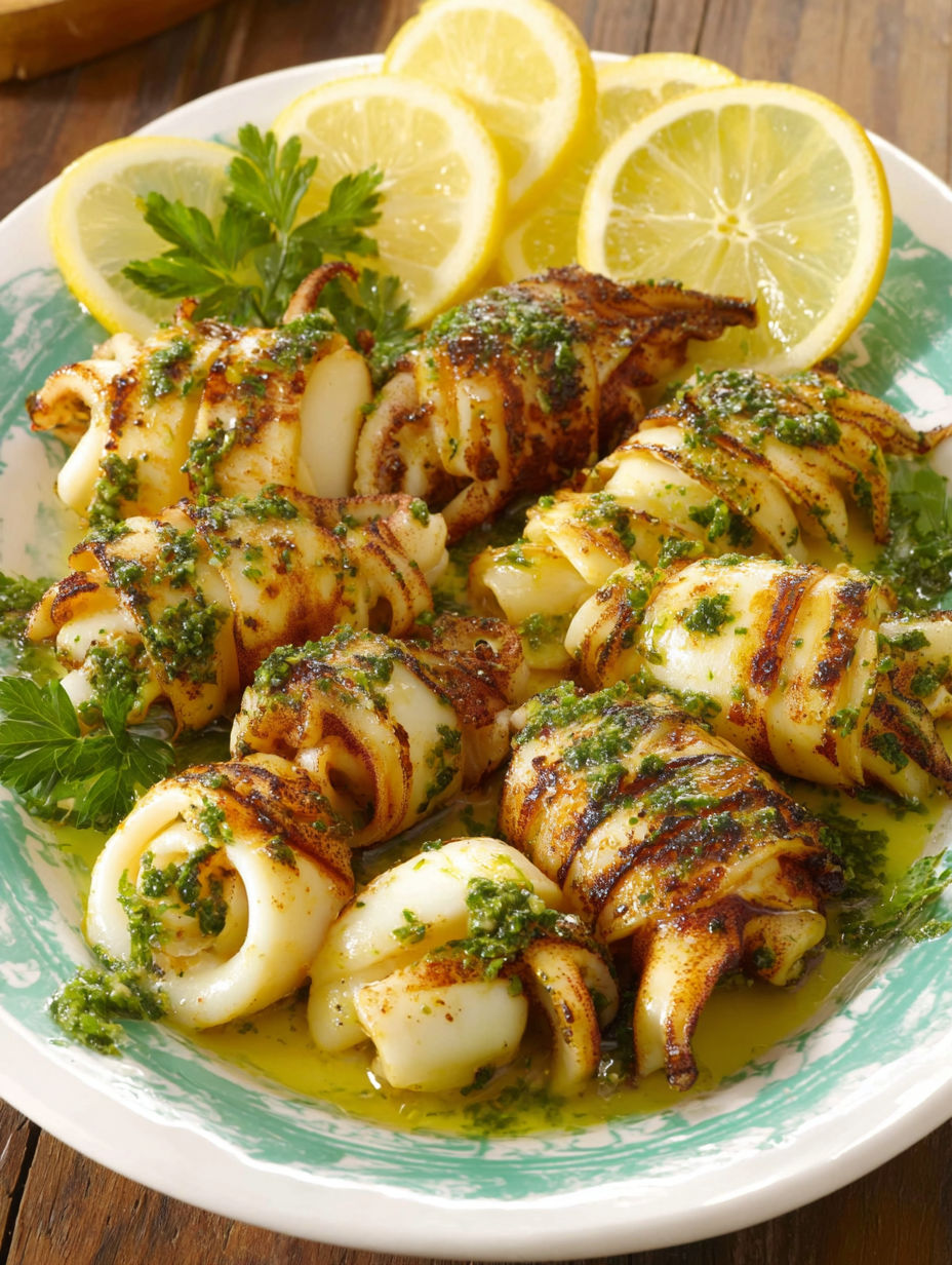 A plate of food with a lemon wedge on it.