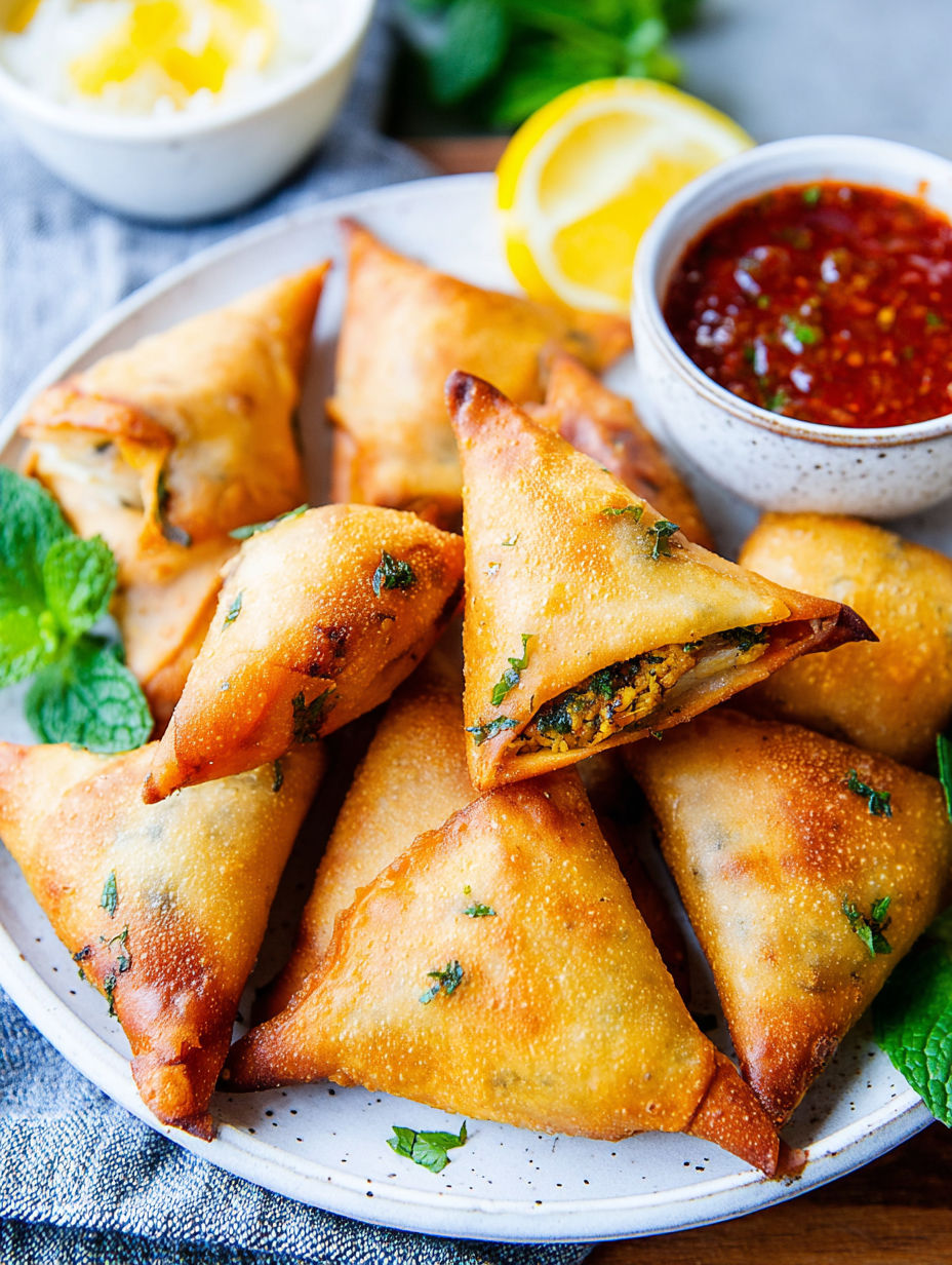 A plate of chicken samosas with a bowl of sauce.