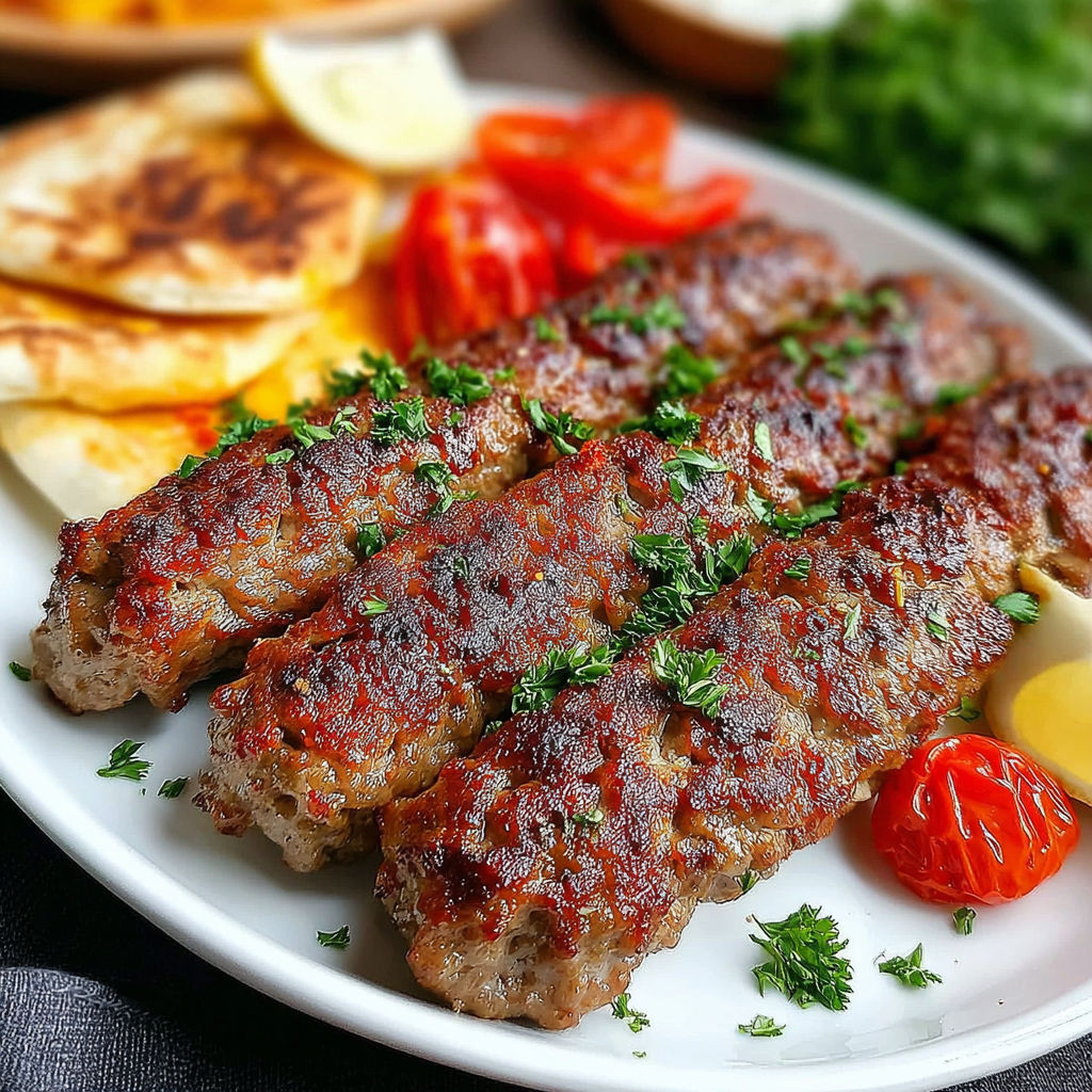 A plate of food with a kebab and tomatoes.