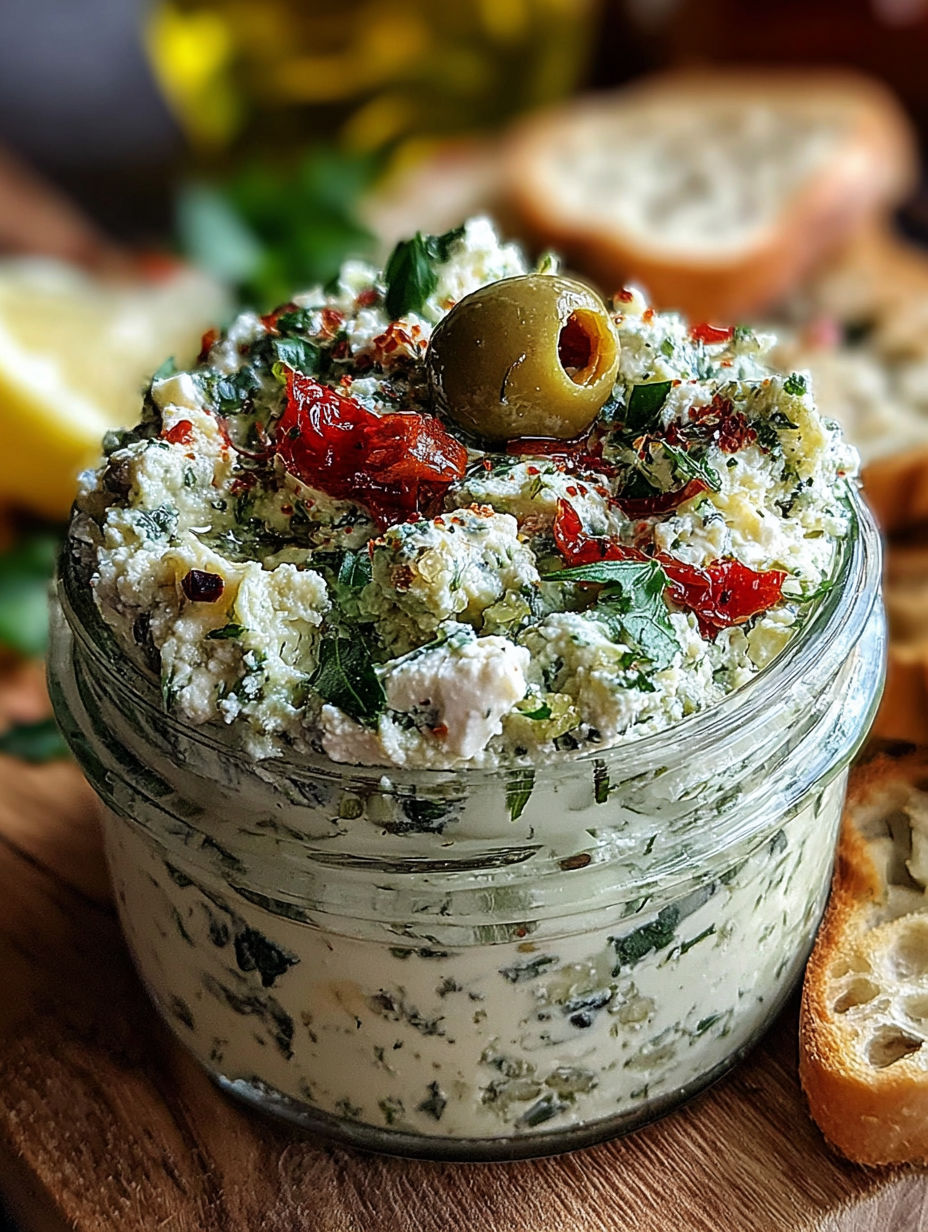 A jar of food with a green olive on top.