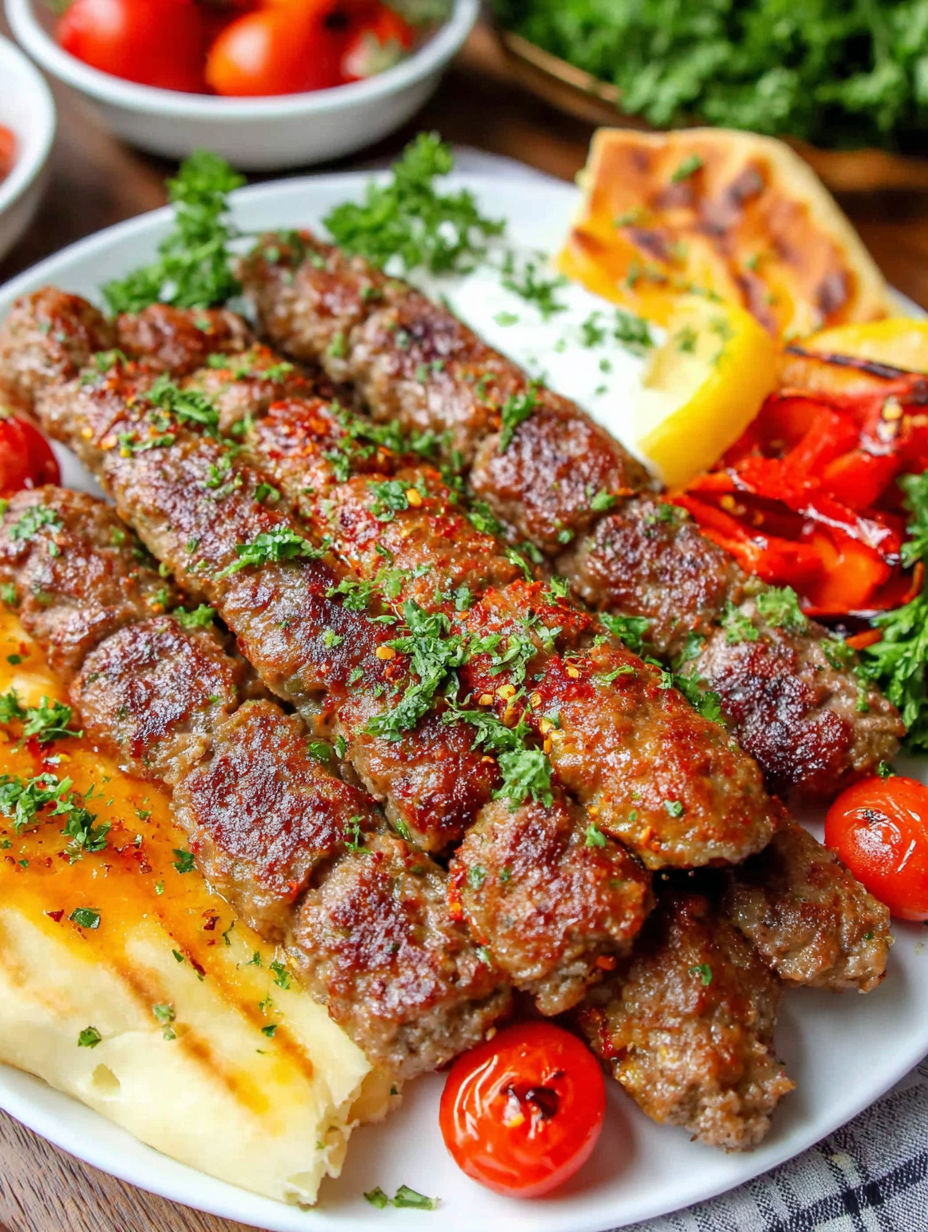A plate of food with meat, tomatoes, and a lemon wedge.